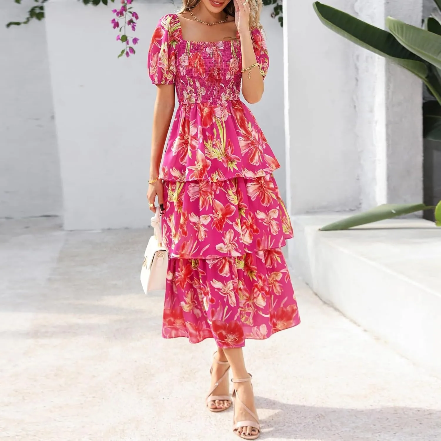 Floral Boho Dresses for Women 2025 Summer Puff Sleeve A Line Midi Dress Flowy Smocked Tiered Ruffle Wedding Guest Dress