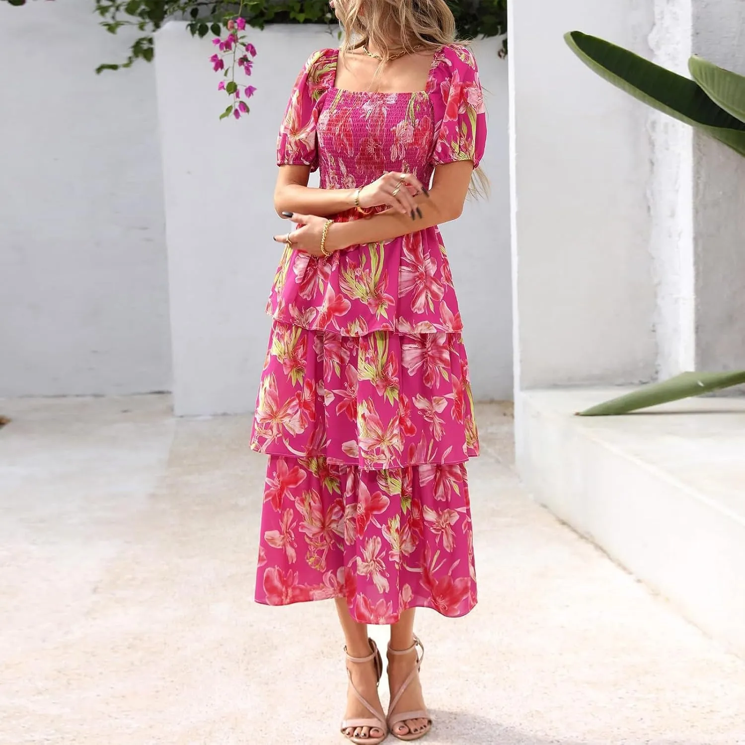 Floral Boho Dresses for Women 2025 Summer Puff Sleeve A Line Midi Dress Flowy Smocked Tiered Ruffle Wedding Guest Dress