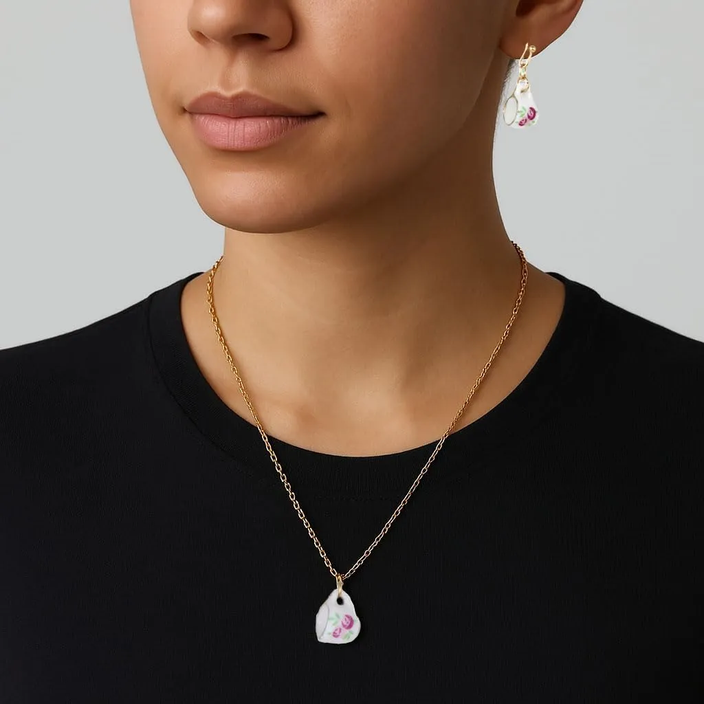 Floral Teacup Jewelry Tea Time Pink Rose Teacup Drop Earrings & Necklace Set  Choose Your Style