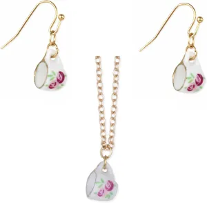 Floral Teacup Jewelry Tea Time Pink Rose Teacup Drop Earrings & Necklace Set  Choose Your Style