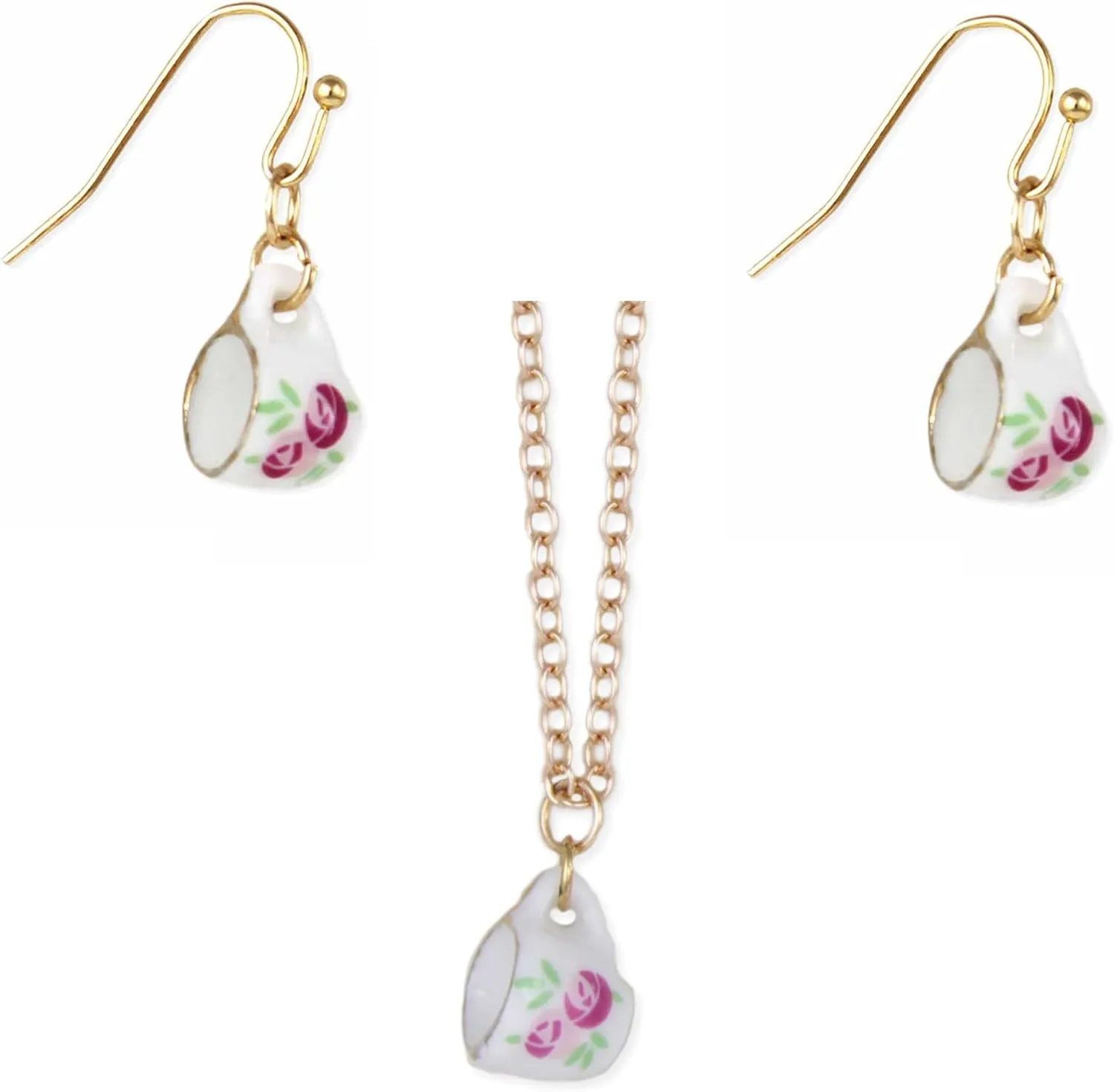 Floral Teacup Jewelry Tea Time Pink Rose Teacup Drop Earrings & Necklace Set  Choose Your Style