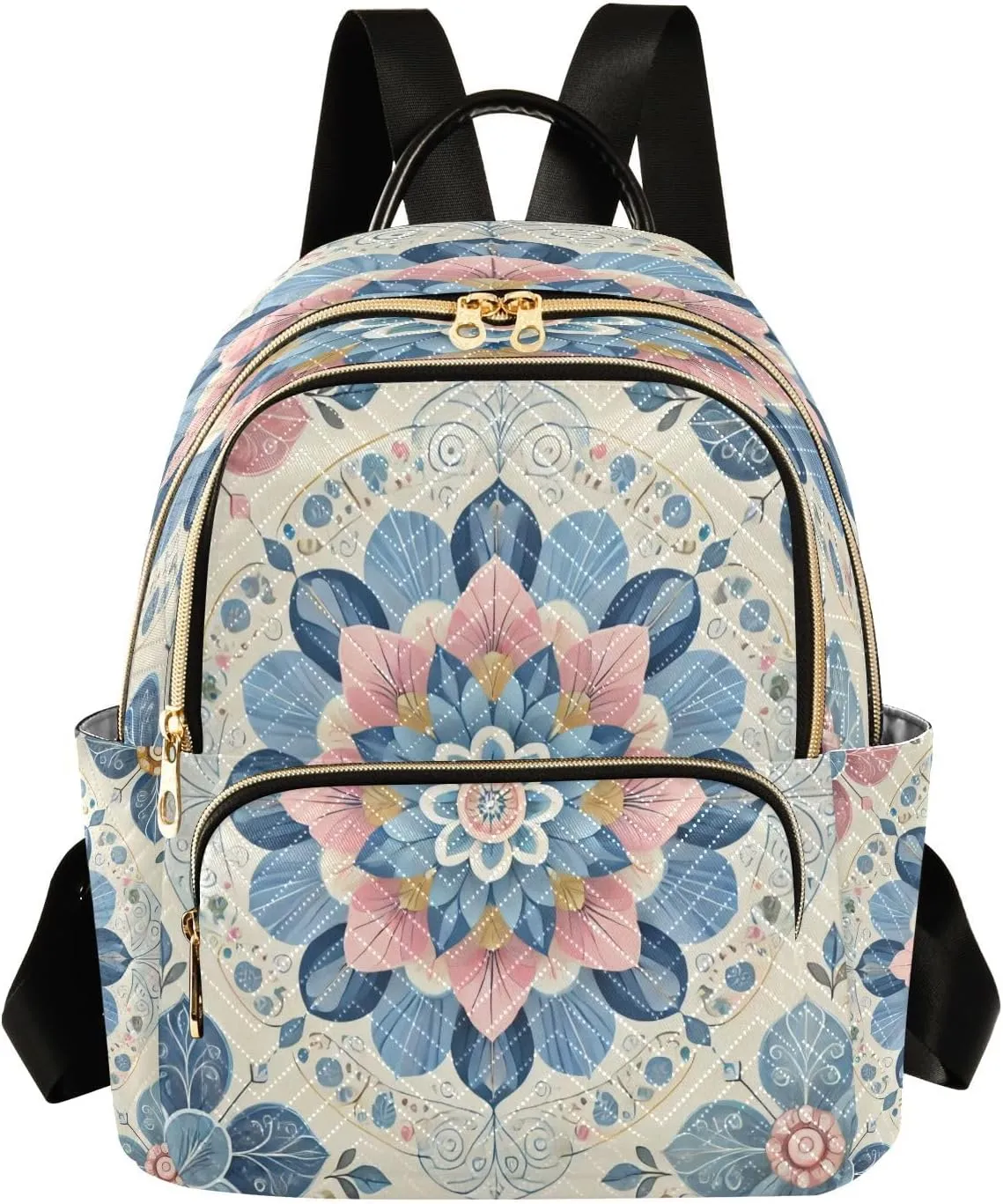 Flowers Boho Beige Mini Backpack Purse for Women Small Quilted Bookbag Ladies Shoulder Bags for Work Travel Casual Daypack M