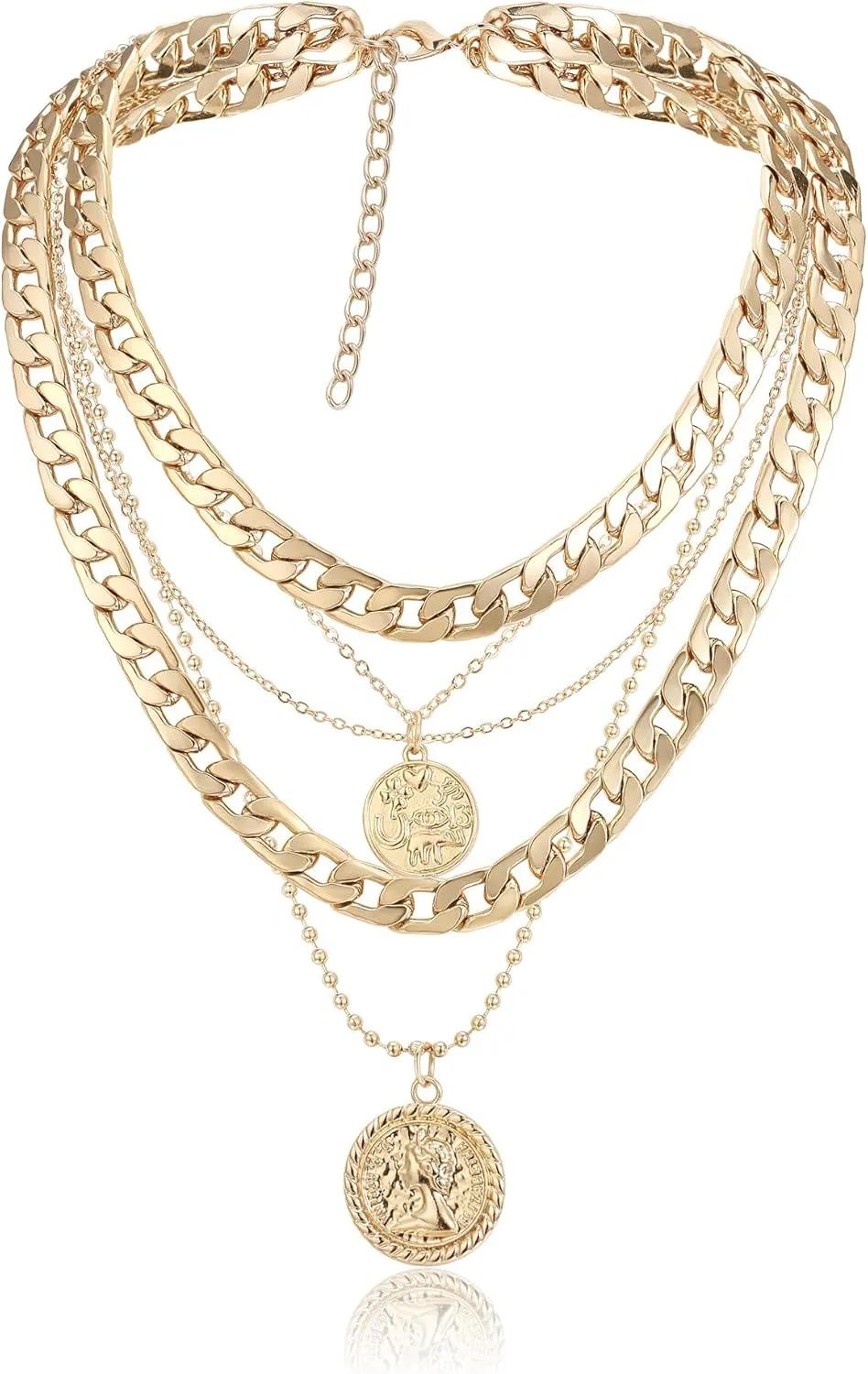 Flyonce Gold Layered Necklaces for Women 14K Gold-Plated Retro Coin Pendant Statement Link Chain Chunky Choker Necklace Jewelry Gifts