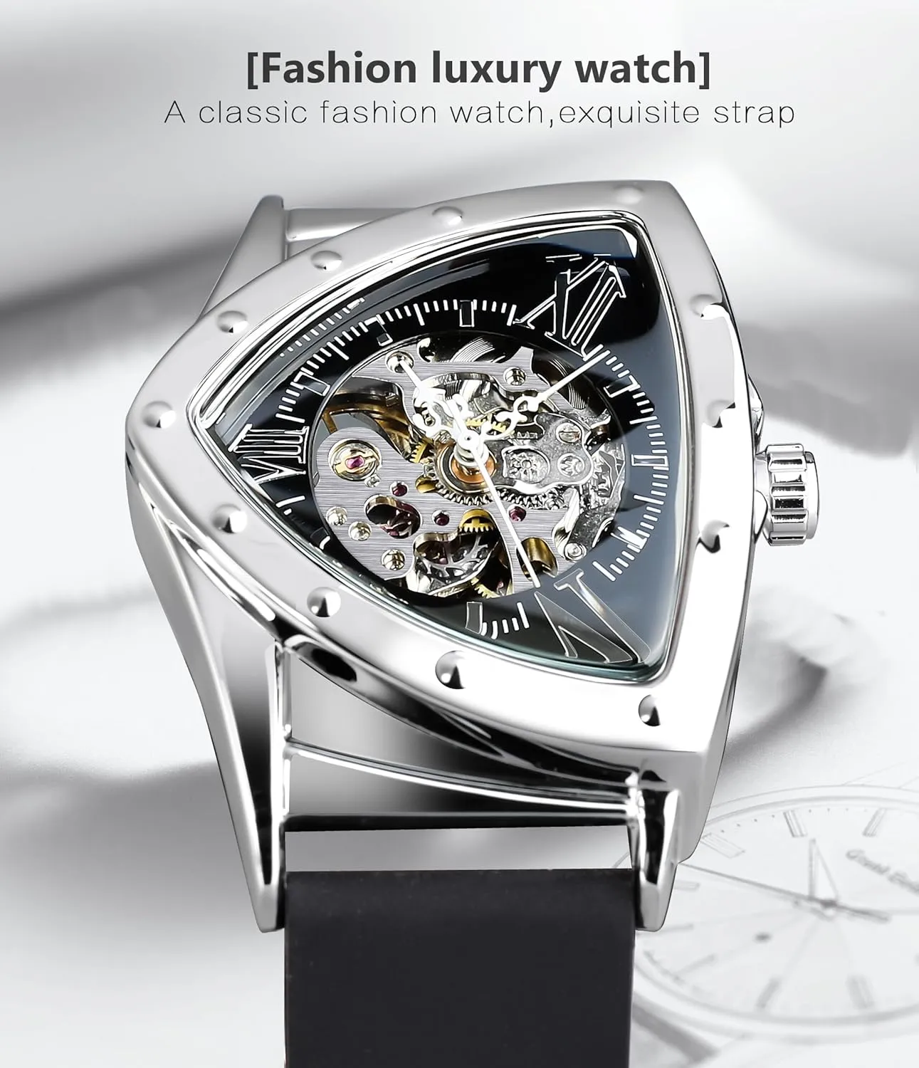 FORSINING Skeleton Watches for Men, Automatic Mechanical Watch with Triangle Dial, Luminous Self Winding Watches Soft Silicone Strap