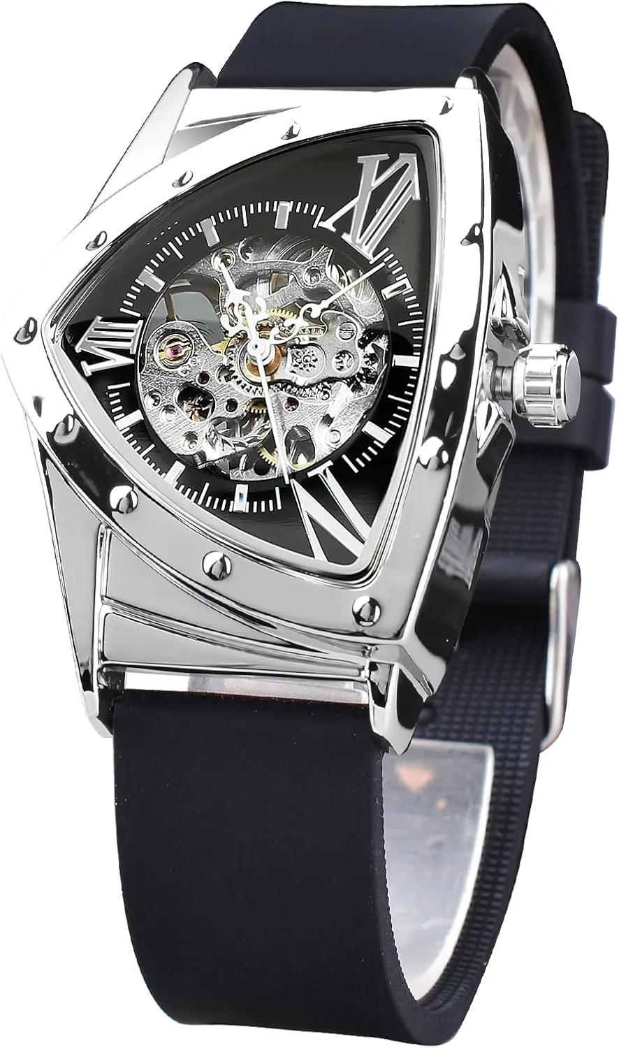 FORSINING Skeleton Watches for Men, Automatic Mechanical Watch with Triangle Dial, Luminous Self Winding Watches Soft Silicone Strap
