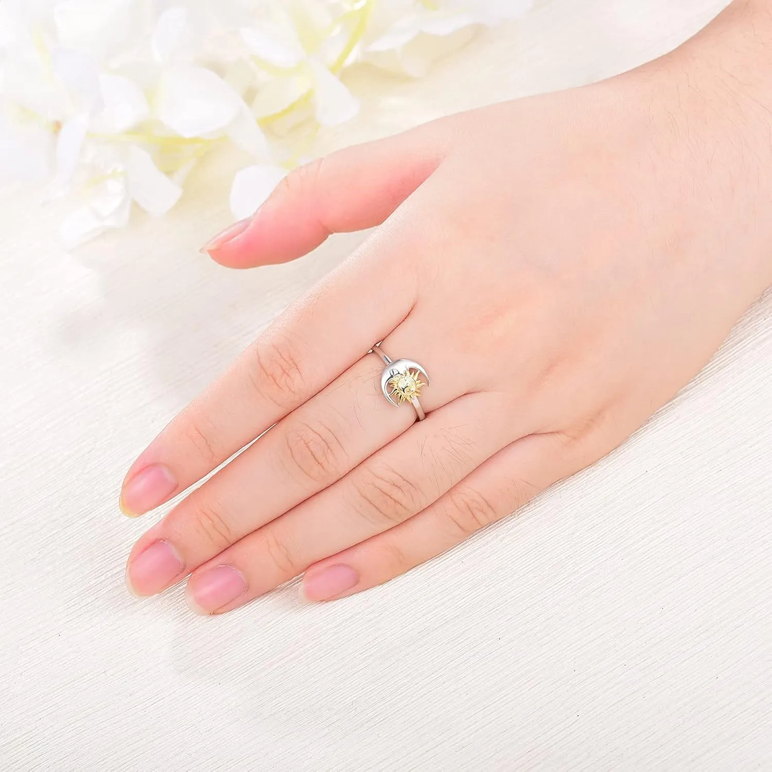 Friend Gifts for Women,Birthday Gifts for Women Friendship,Sun and Moon Ring 925 Sterling Silver Crescent Moon Sun Rings for Women Lovers jewelry gifts