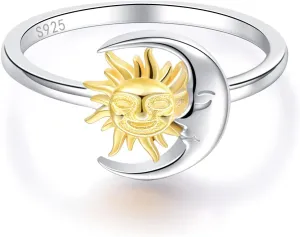 Friend Gifts for Women,Birthday Gifts for Women Friendship,Sun and Moon Ring 925 Sterling Silver Crescent Moon Sun Rings for Women Lovers jewelry gifts
