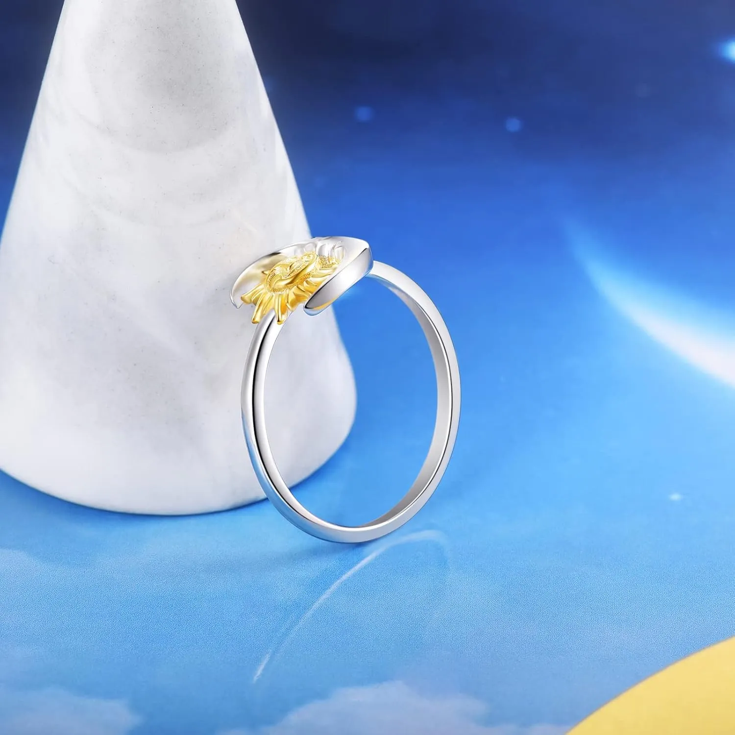 Friend Gifts for Women,Birthday Gifts for Women Friendship,Sun and Moon Ring 925 Sterling Silver Crescent Moon Sun Rings for Women Lovers jewelry gifts