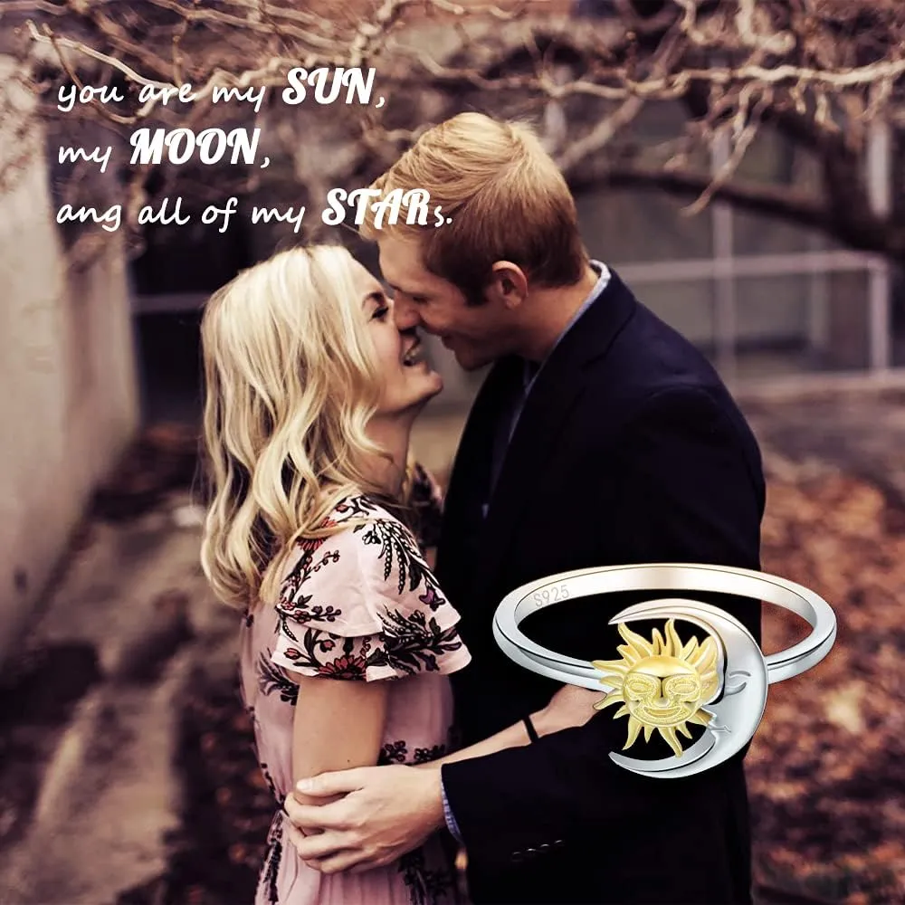 Friend Gifts for Women,Birthday Gifts for Women Friendship,Sun and Moon Ring 925 Sterling Silver Crescent Moon Sun Rings for Women Lovers jewelry gifts