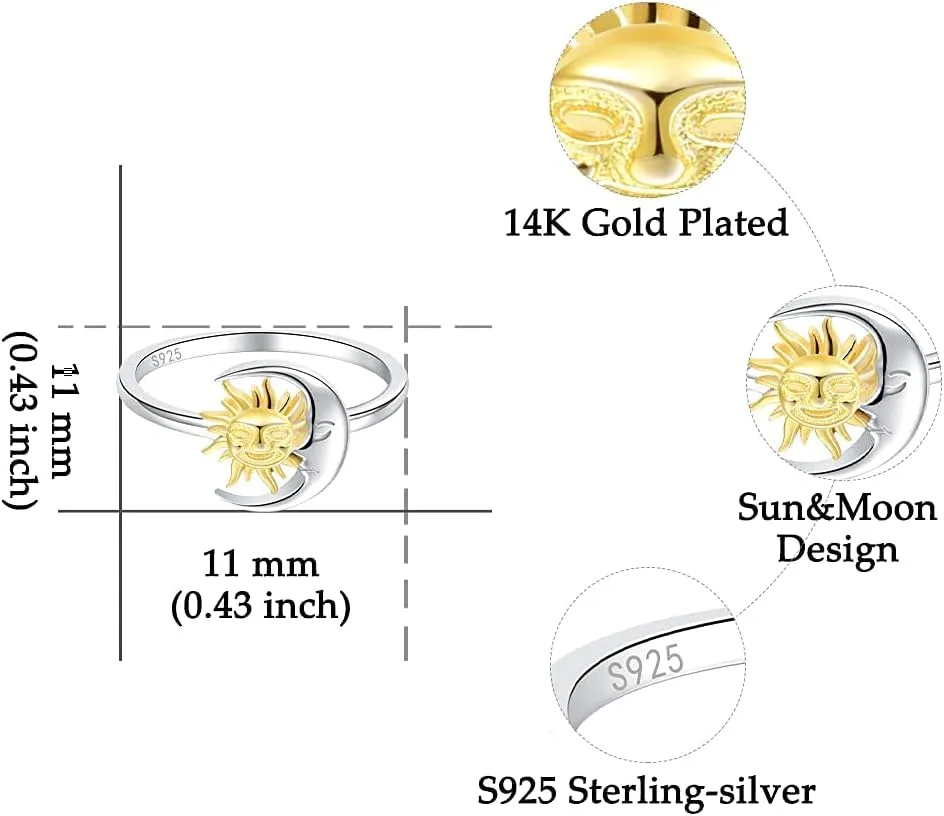 Friend Gifts for Women,Birthday Gifts for Women Friendship,Sun and Moon Ring 925 Sterling Silver Crescent Moon Sun Rings for Women Lovers jewelry gifts