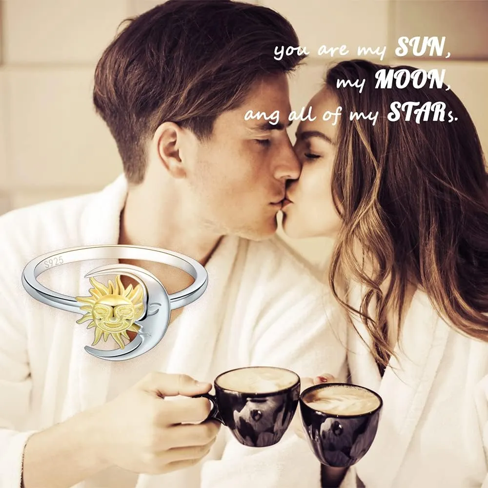 Friend Gifts for Women,Birthday Gifts for Women Friendship,Sun and Moon Ring 925 Sterling Silver Crescent Moon Sun Rings for Women Lovers jewelry gifts