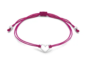 Fuchsia Pink Womens Friendship Bracelet, Small Sterling Silver 925 Open Heart Shaped Charm, Pull Adjustable Thread Kindred Cord, Handmade by Claudia Lira. Perfect Small Gift