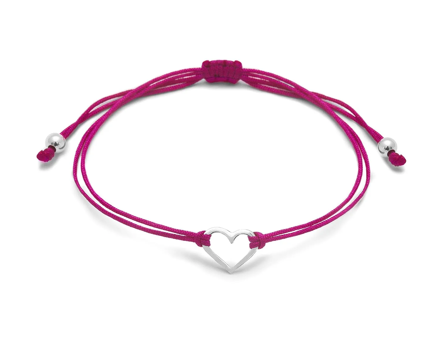 Fuchsia Pink Womens Friendship Bracelet, Small Sterling Silver 925 Open Heart Shaped Charm, Pull Adjustable Thread Kindred Cord, Handmade by Claudia Lira. Perfect Small Gift