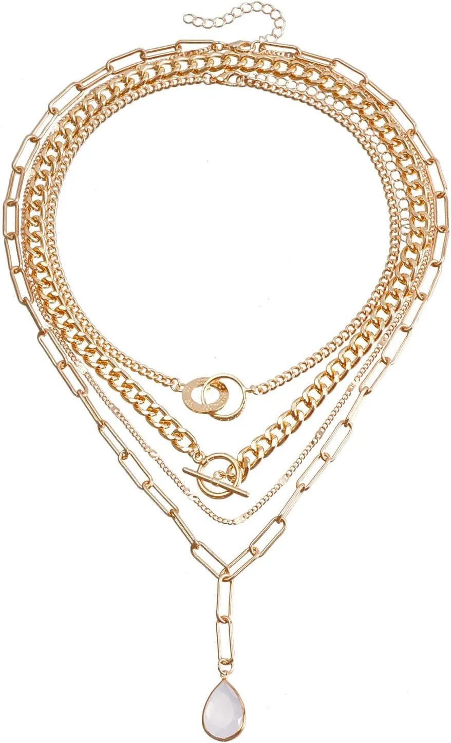 FUTIMELY Layered Water Drop Pendant Necklace Set for Women Boho Gold Double Circle Necklaces Paperclip Chain Choker Necklaces Jewelry Gifts