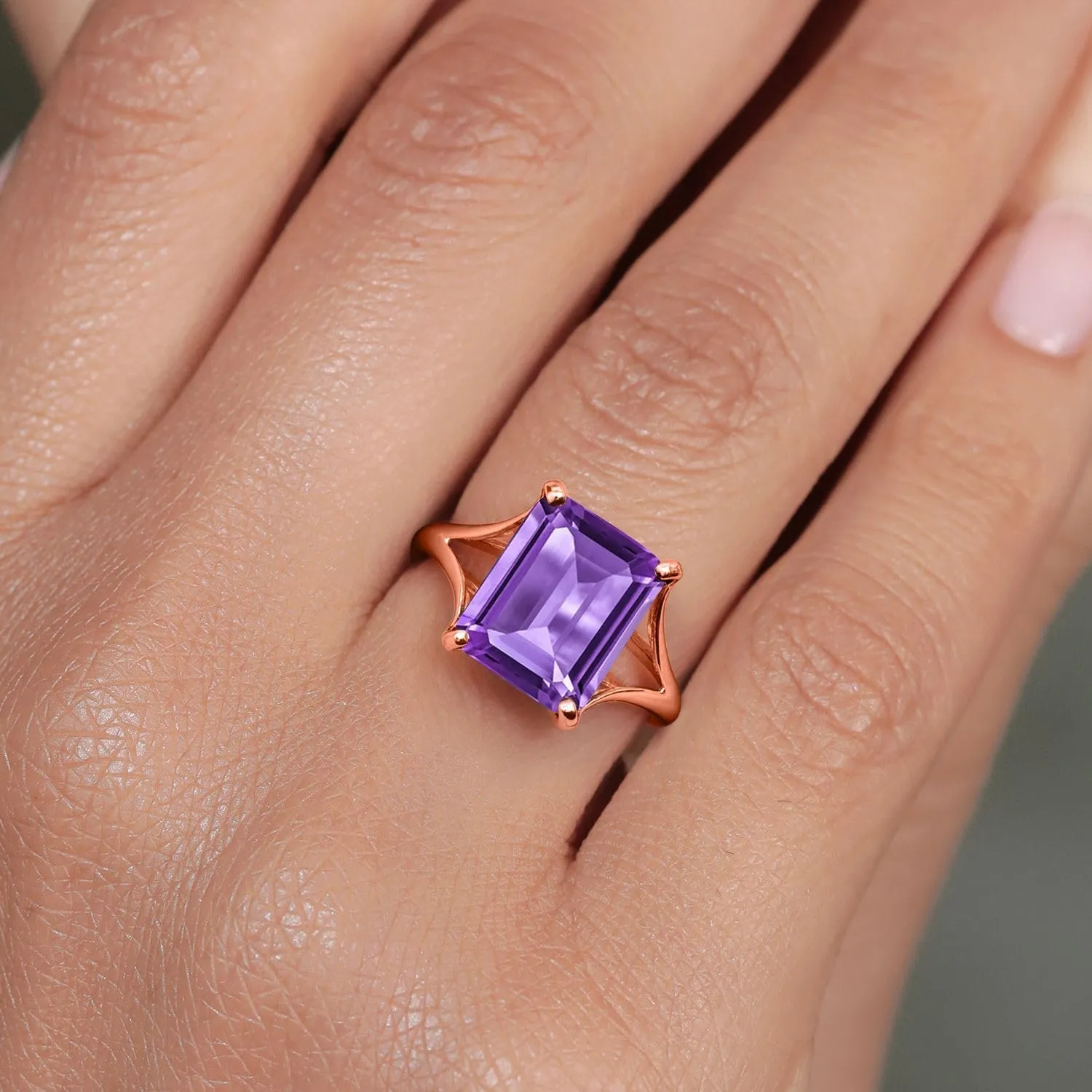 Gem Stone King 14K Rose Gold 10X8mm Emerald Cut Gemstone Birthstone Engagement Ring | Wedding Engagement Anniversary Promise Ring | Rose Gold Ring For Women