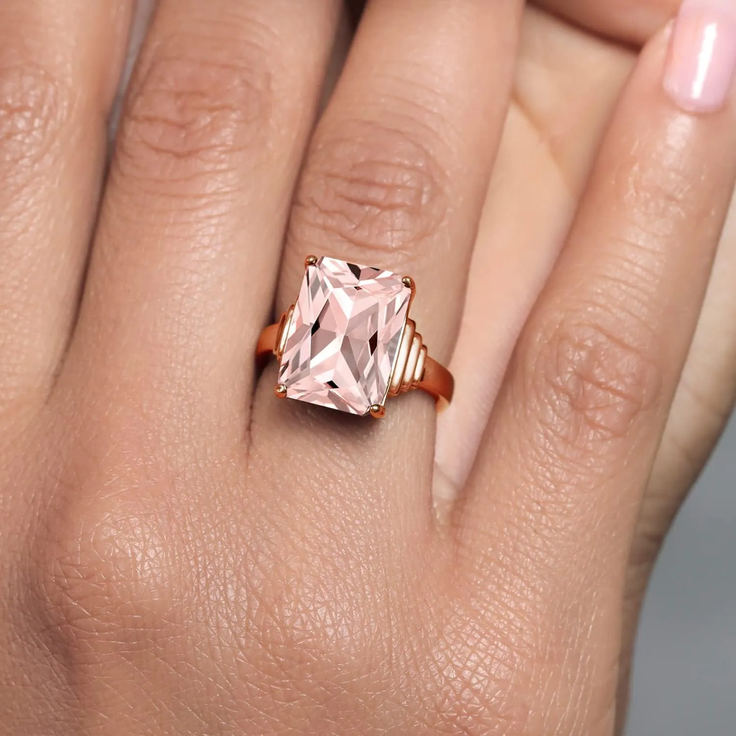 Gem Stone King 18K Rose Gold Plated Silver Gemstone Birthstone Solitaire Engagement Ring | Emerald Cut 14X10MM Rose Gold Ring For Women | Available In Size 5, 6, 7, 8, 9