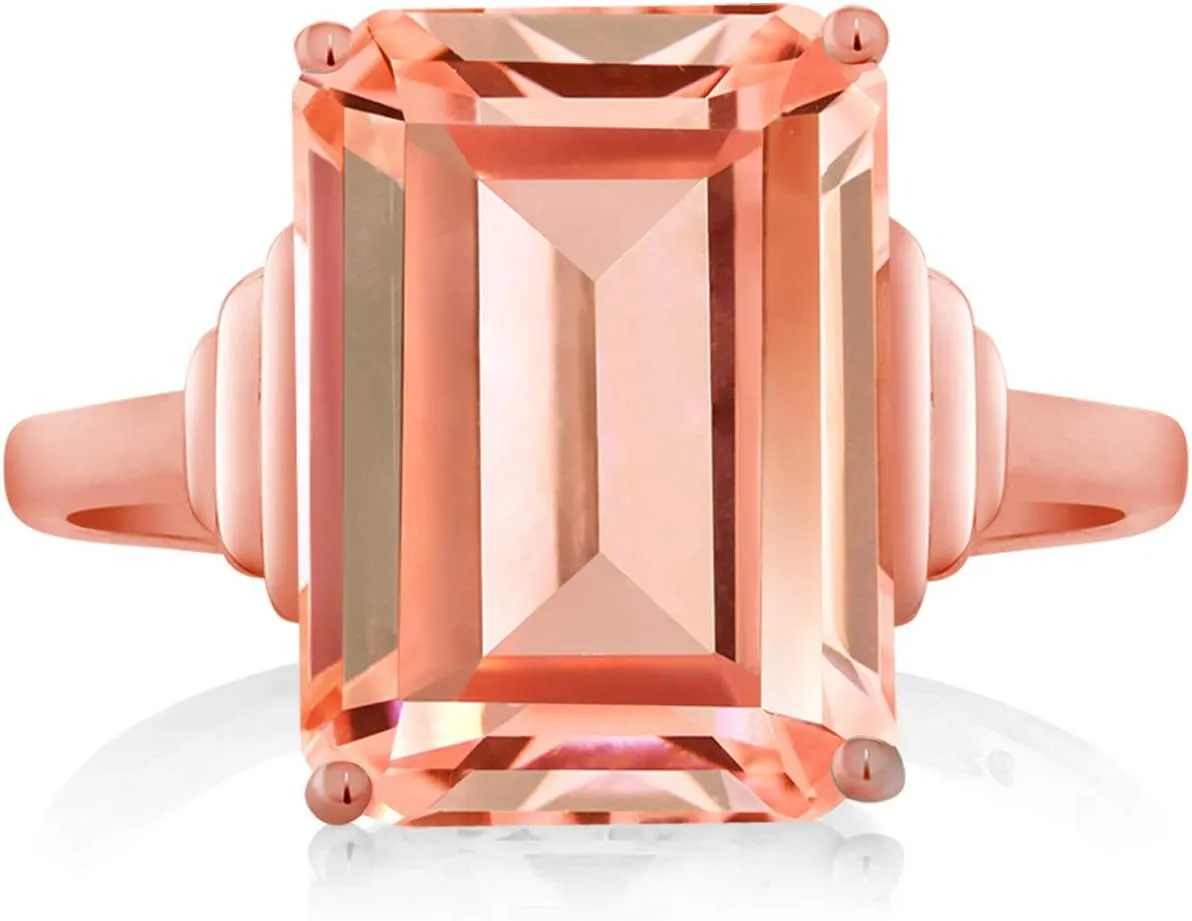 Gem Stone King 18K Rose Gold Plated Silver Gemstone Birthstone Solitaire Engagement Ring | Emerald Cut 14X10MM Rose Gold Ring For Women | Available In Size 5, 6, 7, 8, 9
