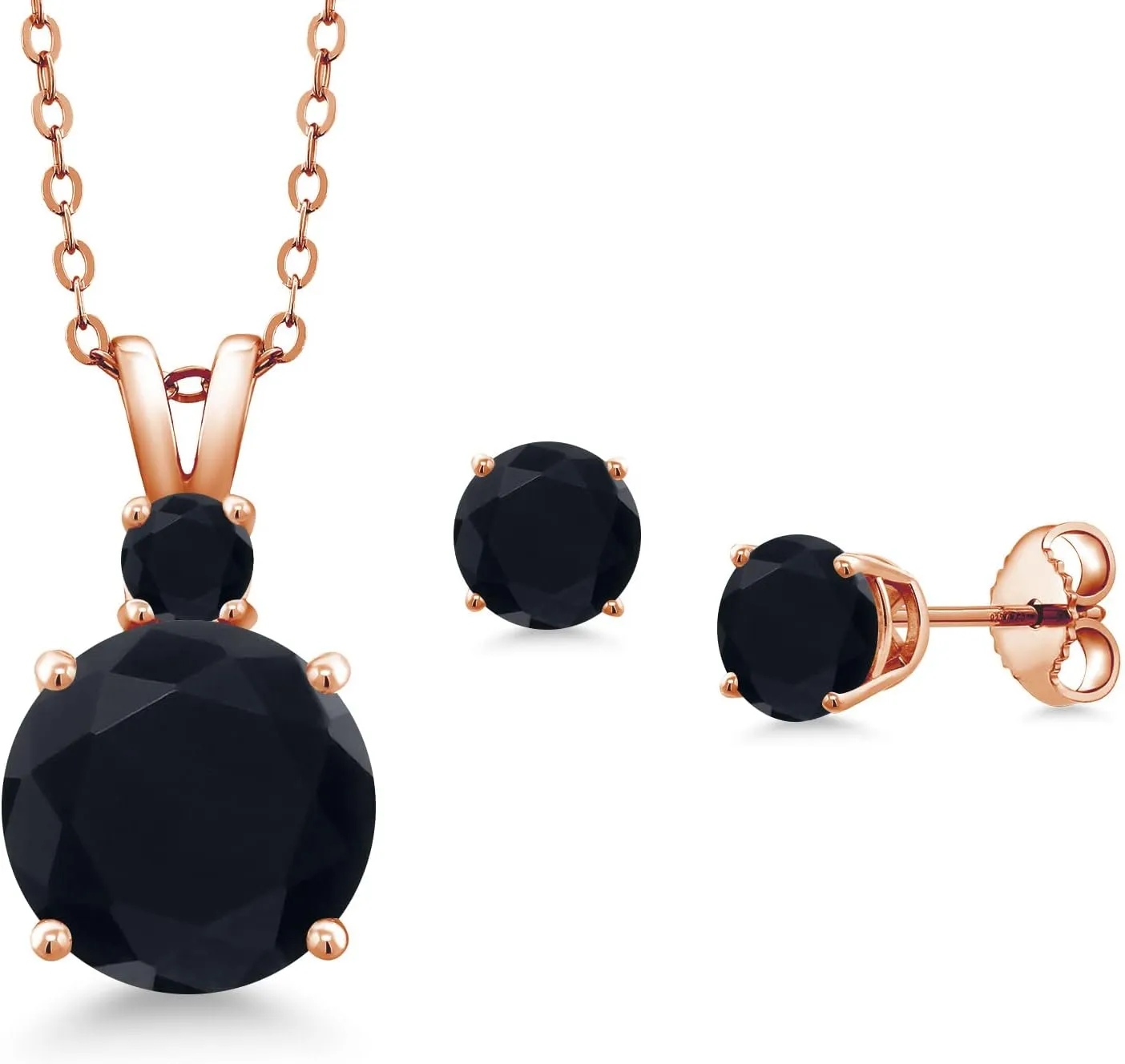 Gem Stone King 18K Rose Gold Plated Silver Round Black Onyx Pendant and Earrings Jewelry Set For Women | 4.08 Cttw | Round 10MM, 5MM and 3.5MM | Gemstone Birthstone | With 18 Inch Chain