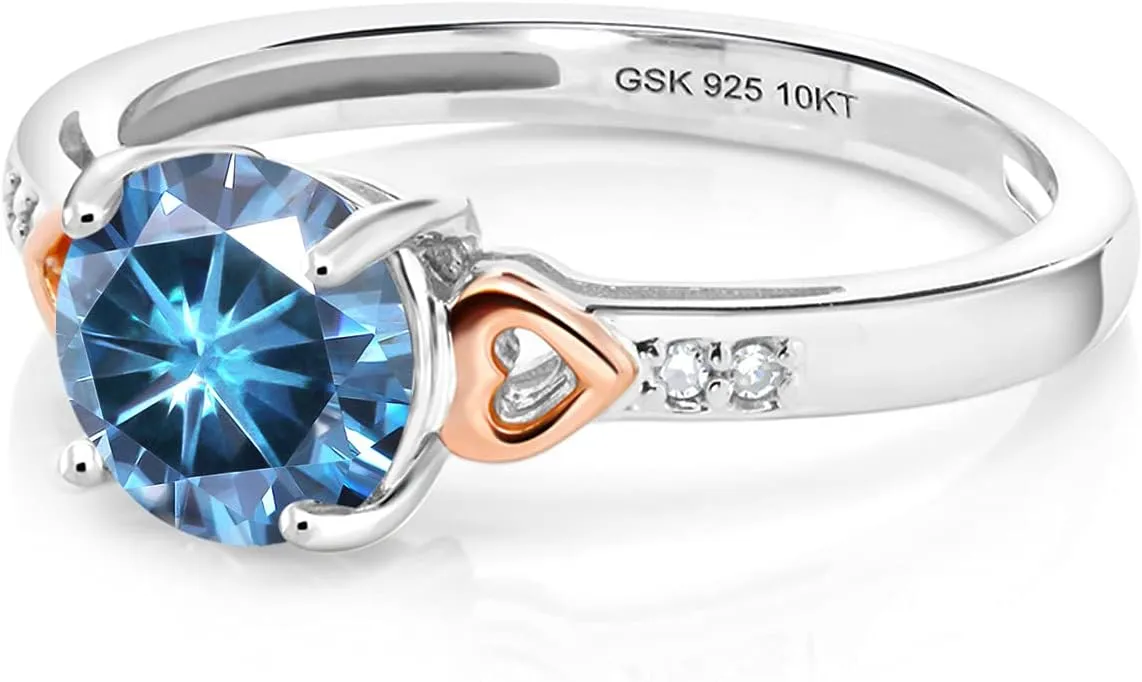 Gem Stone King 925 Silver and 10K Rose Gold Persian Blue Moissanite and White Diamond Solitaire Engagement Ring For Women (1.03 Cttw, Round 6.5MM, Gemstone Birthstone, Available in Size 5,6,7,8,9)