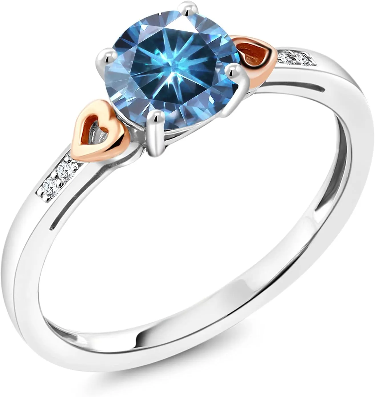 Gem Stone King 925 Silver and 10K Rose Gold Persian Blue Moissanite and White Diamond Solitaire Engagement Ring For Women (1.03 Cttw, Round 6.5MM, Gemstone Birthstone, Available in Size 5,6,7,8,9)