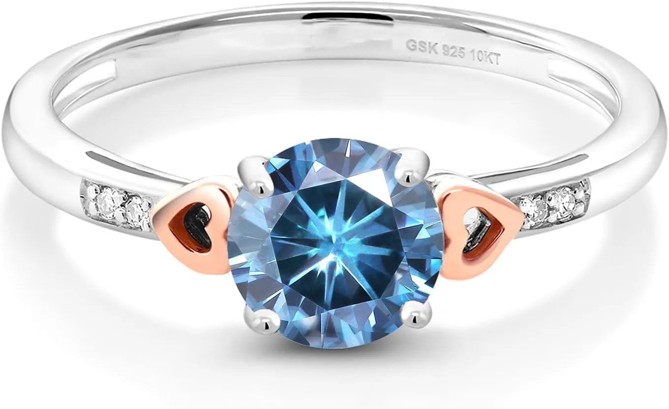 Gem Stone King 925 Silver and 10K Rose Gold Persian Blue Moissanite and White Diamond Solitaire Engagement Ring For Women (1.03 Cttw, Round 6.5MM, Gemstone Birthstone, Available in Size 5,6,7,8,9)