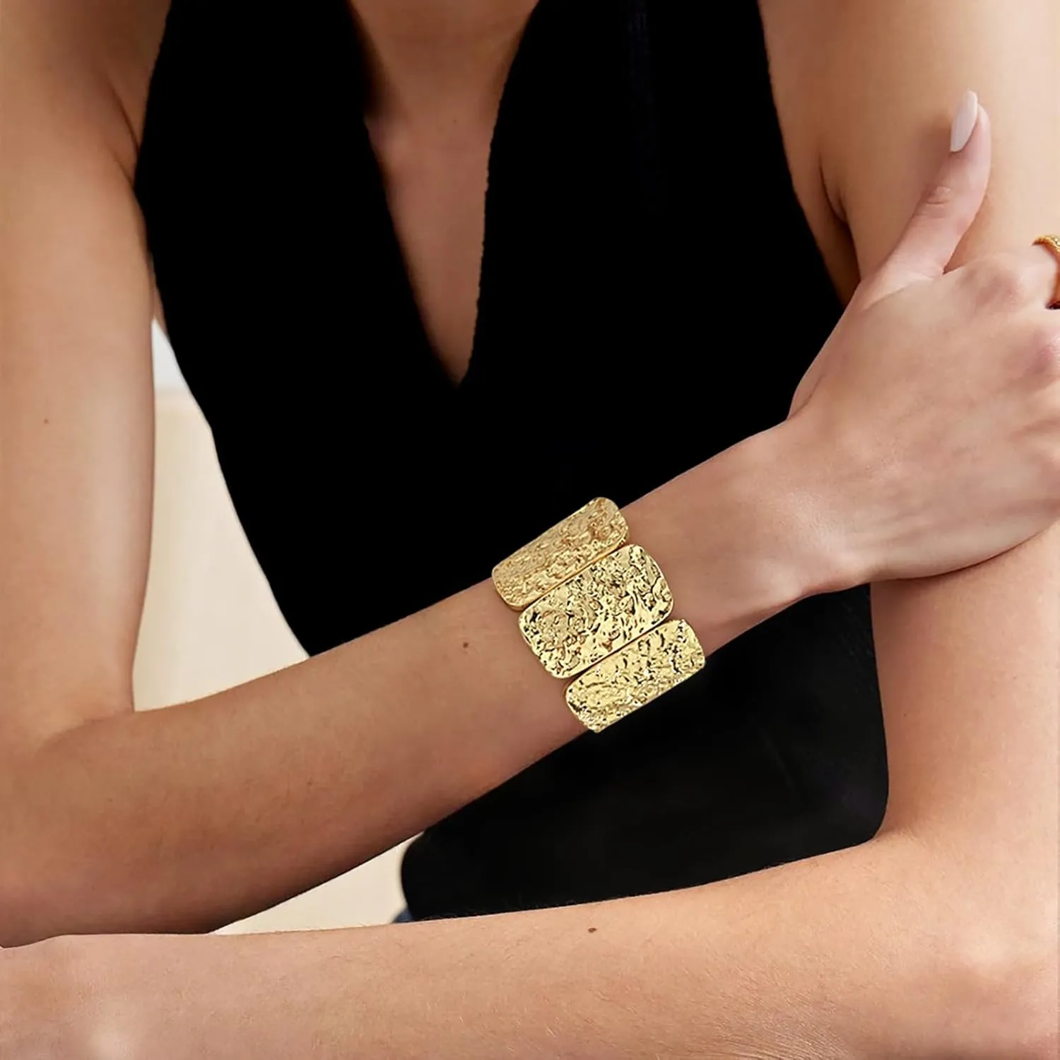 Gold Bangle Bracelets for Women Chunky Stretch Bracelets Gold and Silver Bangle Adjustable Wide Bracelets for Women