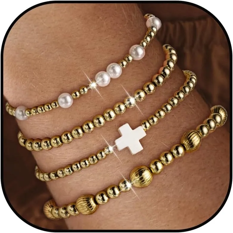 Gold Beaded Bracelets for Women Non Tarnish Dainty Pearl Beaded Bracelet for Womens Silver Bead Bracelets Stack Stretch Bracelets Jewelry Gifts 2025