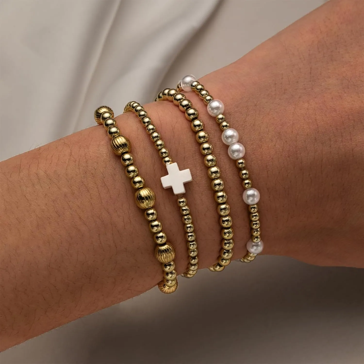 Gold Beaded Bracelets for Women Non Tarnish Dainty Pearl Beaded Bracelet for Womens Silver Bead Bracelets Stack Stretch Bracelets Jewelry Gifts 2025