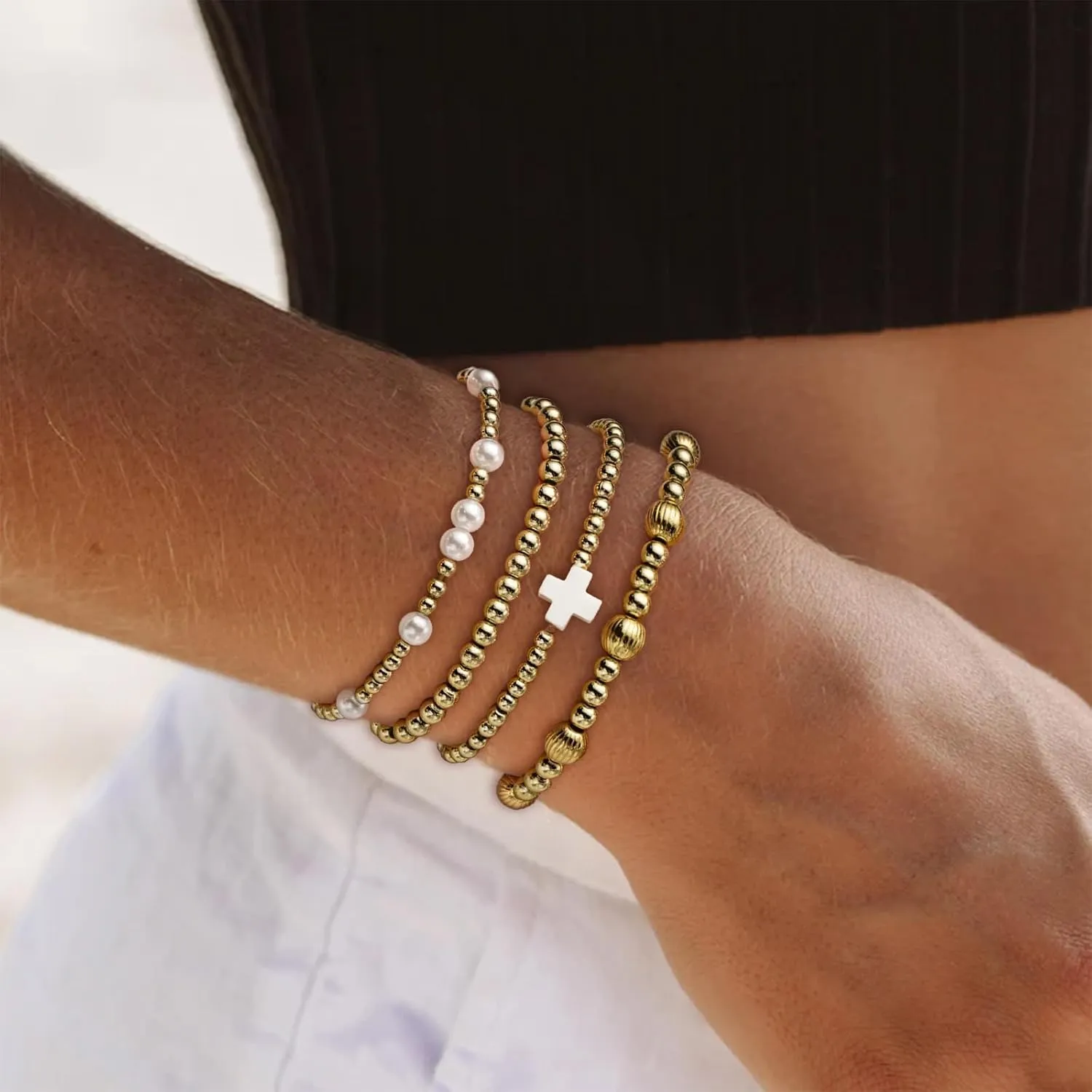 Gold Beaded Bracelets for Women Non Tarnish Dainty Pearl Beaded Bracelet for Womens Silver Bead Bracelets Stack Stretch Bracelets Jewelry Gifts 2025