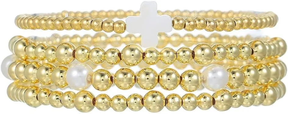 Gold Beaded Trendy Cross Pearl Gold Bead Stretch Bracelets Set Elastic Hypoallergenic Bracelets Jewelry Gifts for Women