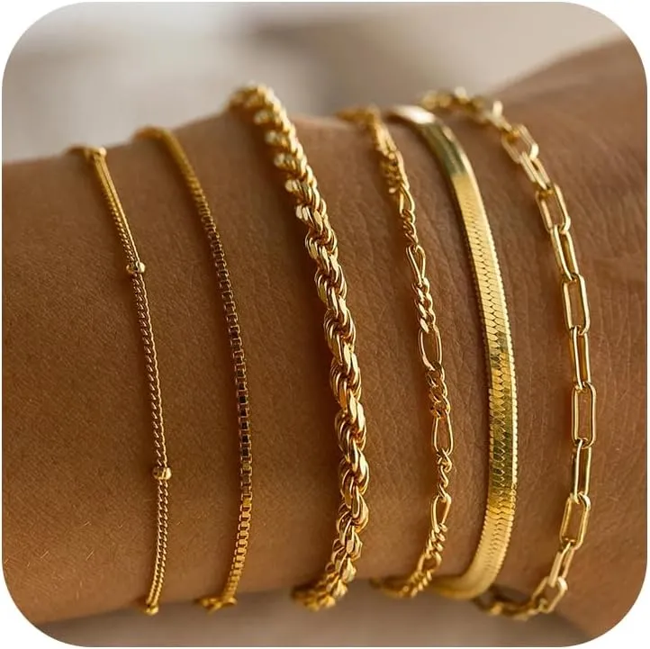 Gold Bracelets for Women 14K Gold Plated Stackable Bracelets for Women Cuban Link Paperclip Chain Dainty Bracelet Set Trendy Gold Bracelet Layered Link Bracelet Pack Jewelry for Women