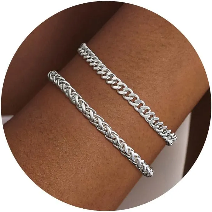 Gold Bracelets for Women, 14K Gold Plated/Silver Womens Bracelets Dainty Layered Gold Cuban Link Chain Bracelets for Women Trendy Chunky Stackable Gold Bracelet Set Jewelry Gift