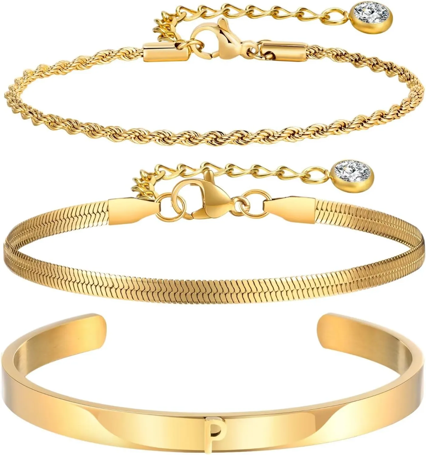 Gold Bracelets for Women Initial Bracelet Stack 14K Gold Plated Dainty Initial Snake Rope Charm Bracelet Set Jewelry Gifts for Women Non Tarnish