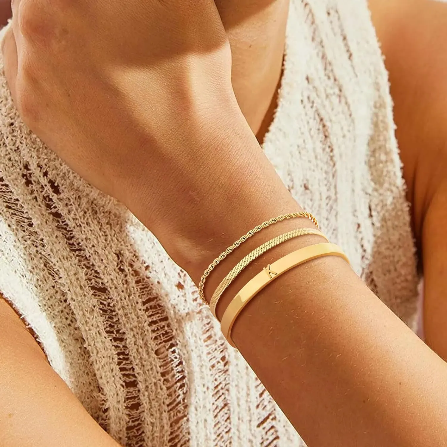 Gold Bracelets for Women Initial Bracelet Stack 14K Gold Plated Dainty Initial Snake Rope Charm Bracelet Set Jewelry Gifts for Women Non Tarnish