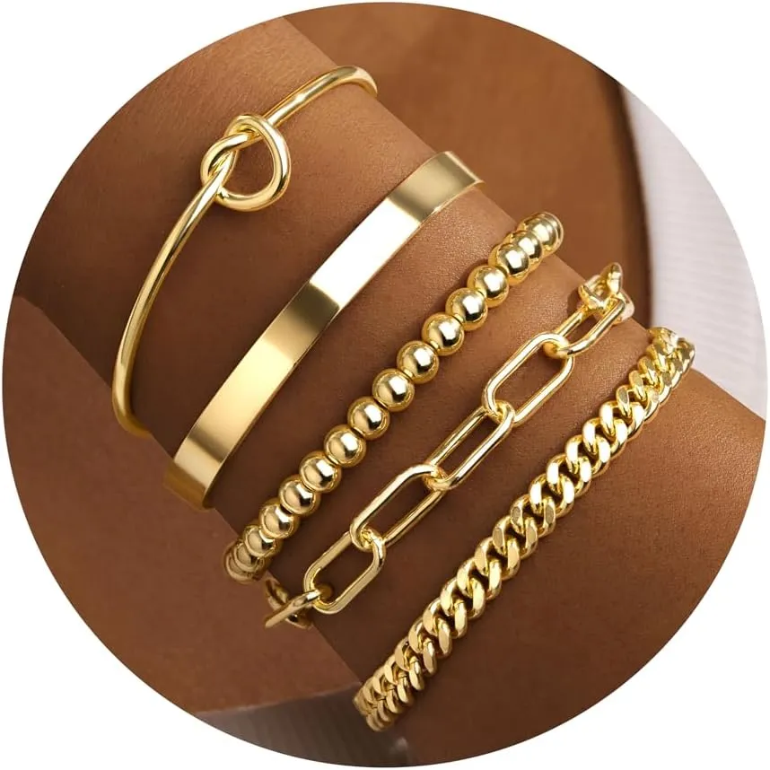 Gold Bracelets for Women Non Tarnish Waterproof 14K Real Gold Plated Bracelets Stack Dainty Chunky Bangle Cuff Love Knot Paperclip Bead Cuban Bracelet Layered Chain for Jewelry Gifts