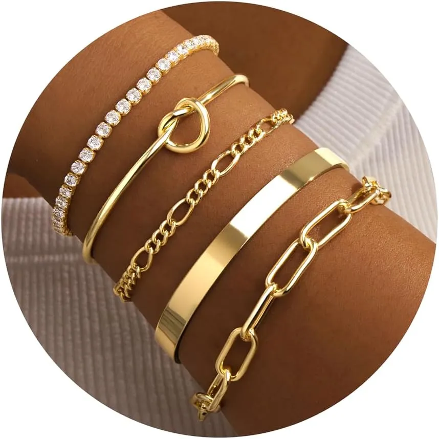 Gold Bracelets for Women Trendy Waterproof 14K Real Gold Plated Bracelets Stack Dainty Chunky Bangle Cuff Love Knot Paperclip Cuban Figaro Chain Bracelets Pack for Jewelry Gifts