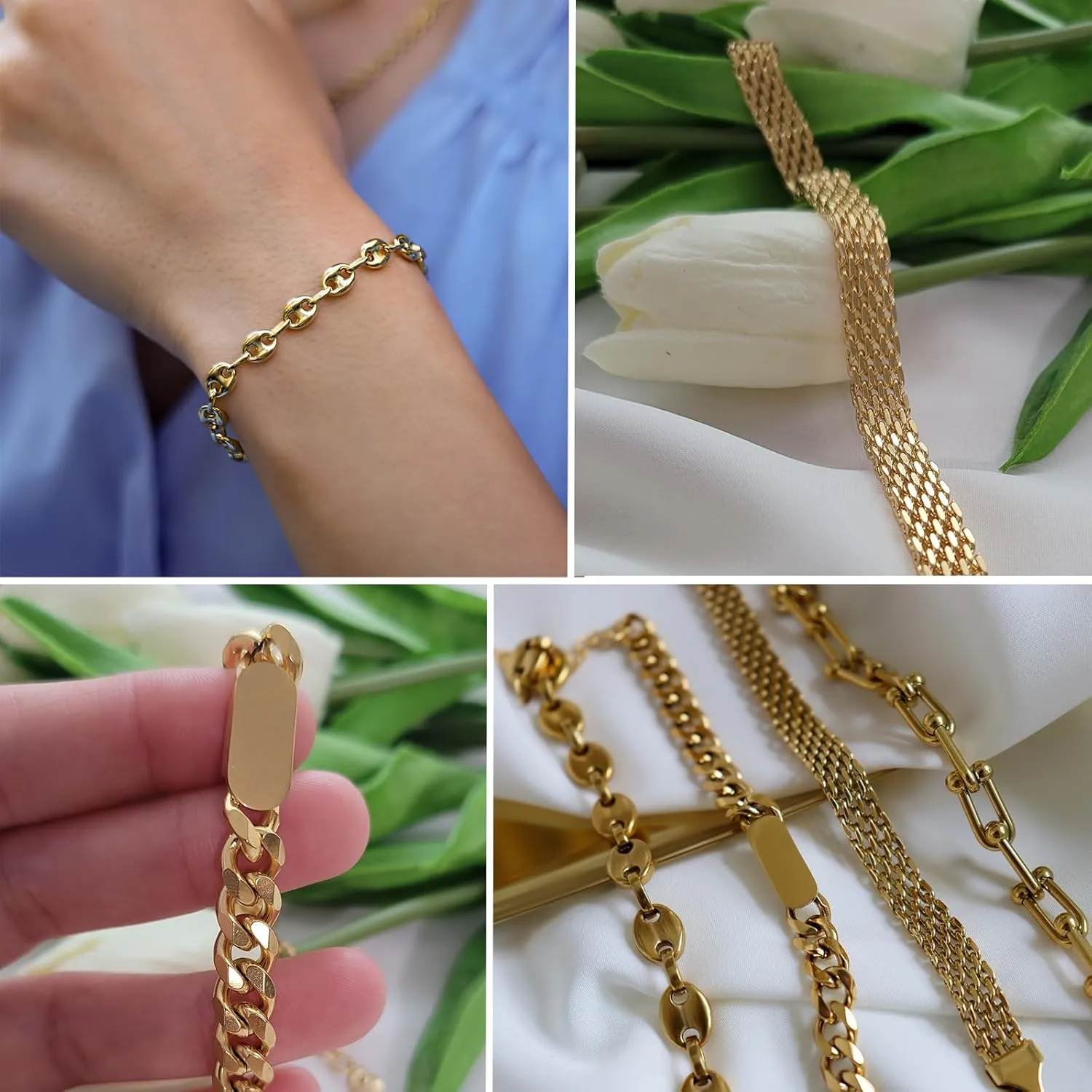 Gold Bracelets Stack for Women 14K Real Gold Plated Gold Bracelet Set Layered Chunky Trendy Dainty Chain Link Fashion Jewelry Gifts