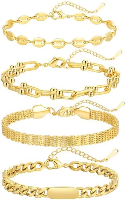 Gold Bracelets Stack for Women 14K Real Gold Plated Gold Bracelet Set Layered Chunky Trendy Dainty Chain Link Fashion Jewelry Gifts