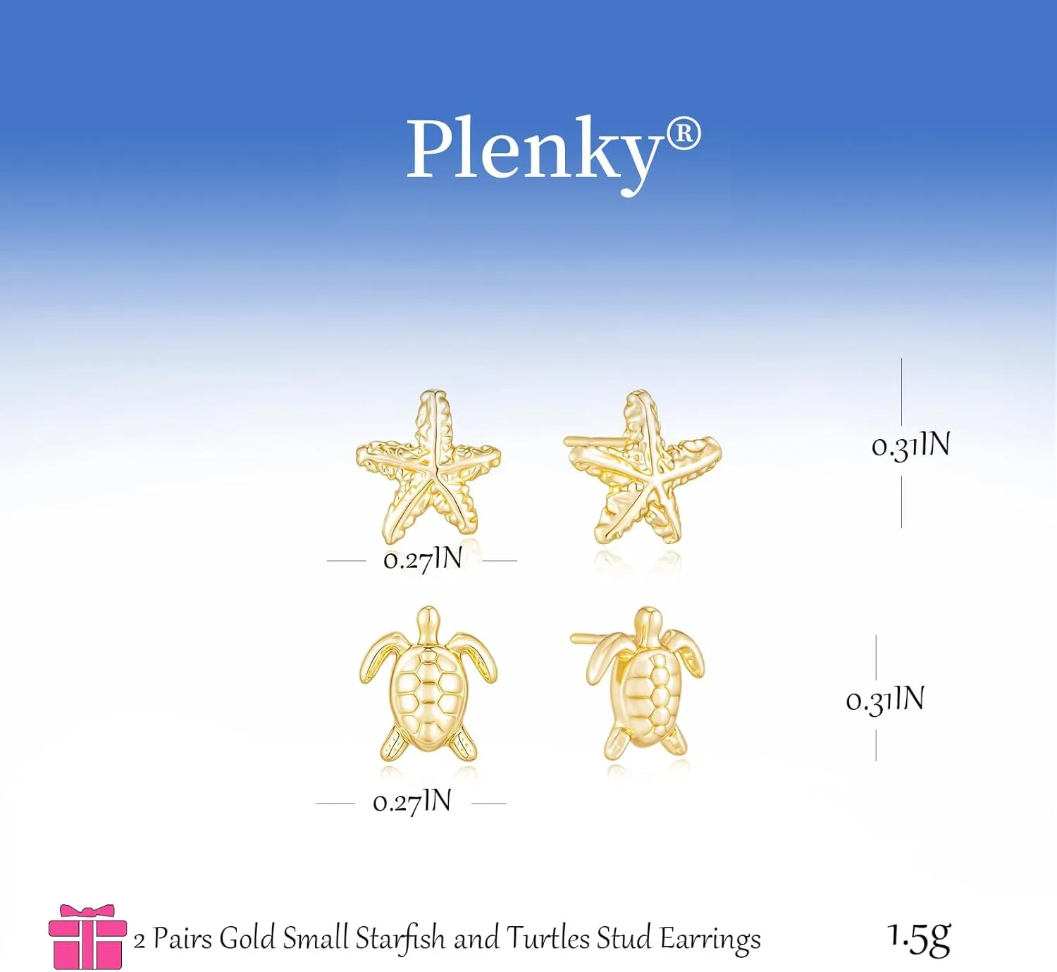 Gold Earrings for Women - 2 Pairs 14K Gold/Silver Plated Small Shell Starfish Turtle Seahorse Stud Earrings Set Beachy Jewelry for Women Gifts