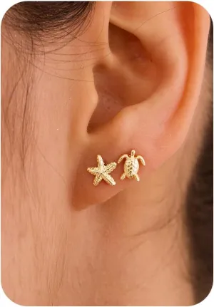 Gold Earrings for Women - 2 Pairs 14K Gold/Silver Plated Small Shell Starfish Turtle Seahorse Stud Earrings Set Beachy Jewelry for Women Gifts