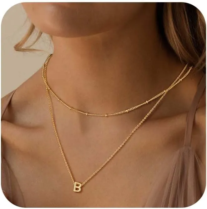Gold Layered Initial Necklace for Women,14K Gold Plated Letter A-Z Pendant Layered Initial Personalized Pendant Necklace,Tiny Initial Choker Personalized Name Necklace Dainty Gold Necklaces for Women
