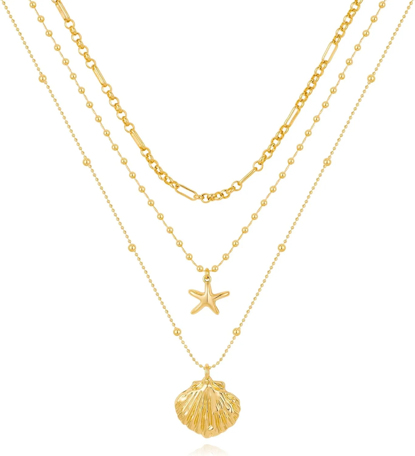 Gold Layered Necklaces for Women Cute Shell Charm Simple Starfish Summer Beach Pendant Adjustable Layering Chain Dainty Sea Shell Choker Necklaces Set