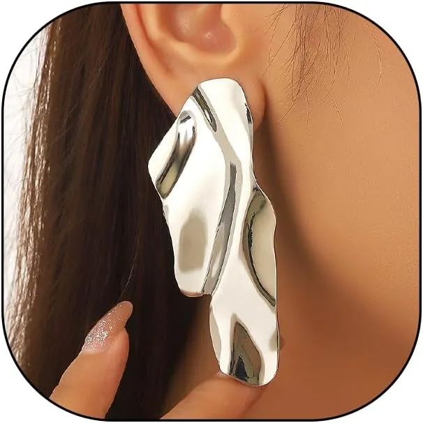 Gold Plated Geometric Texture Statement Earrings for Women, Simple Silver Large Irregular Metal Earrings,Minimalism Modern Jewelry Gifts
