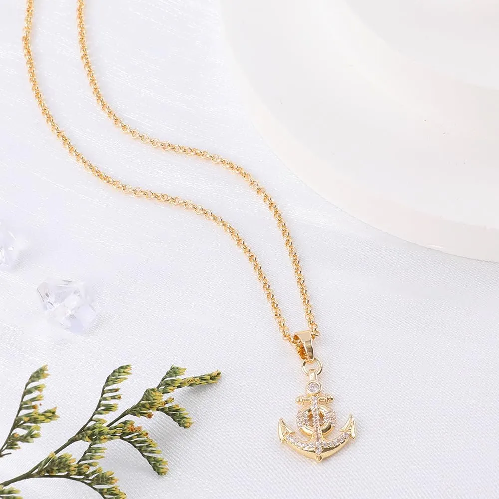 Gold Plated Rhinestone Flower/Anchor Pendant Necklace, Rhinestone Pendant Necklace Vacation Jewelry Gift for Women Girls
