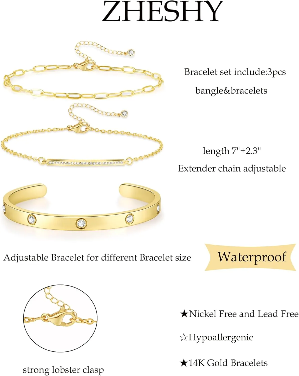 Gold Silver Bracelets for Women Trendy Non Tarnish Dainty 14k Gold Plated Bangle Adjustable Cuff Bracelet Stack Stackable Friendship Bracelets Set Tennis Chain Waterproof Jewelry Gifts