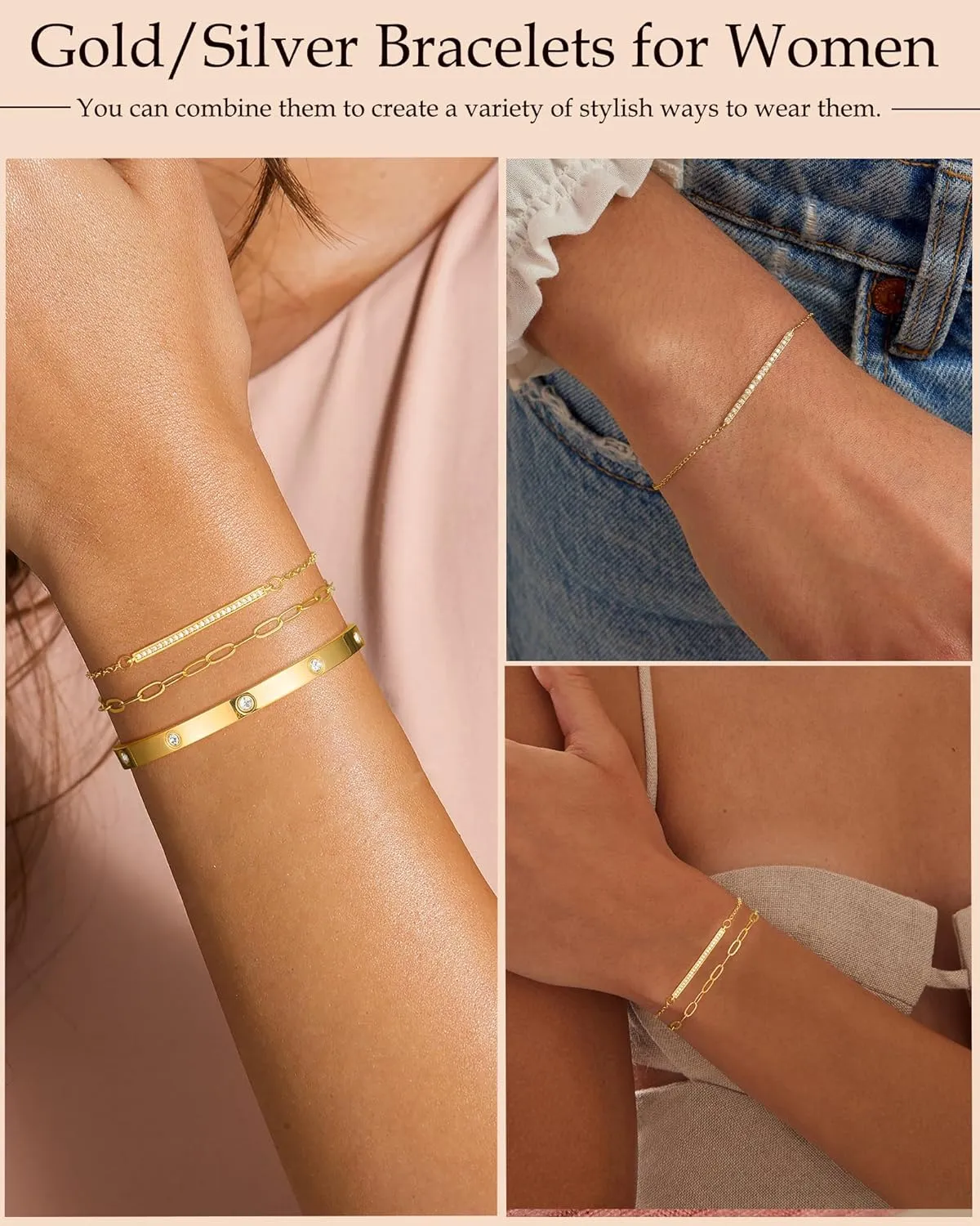 Gold Silver Bracelets for Women Trendy Non Tarnish Dainty 14k Gold Plated Bangle Adjustable Cuff Bracelet Stack Stackable Friendship Bracelets Set Tennis Chain Waterproof Jewelry Gifts