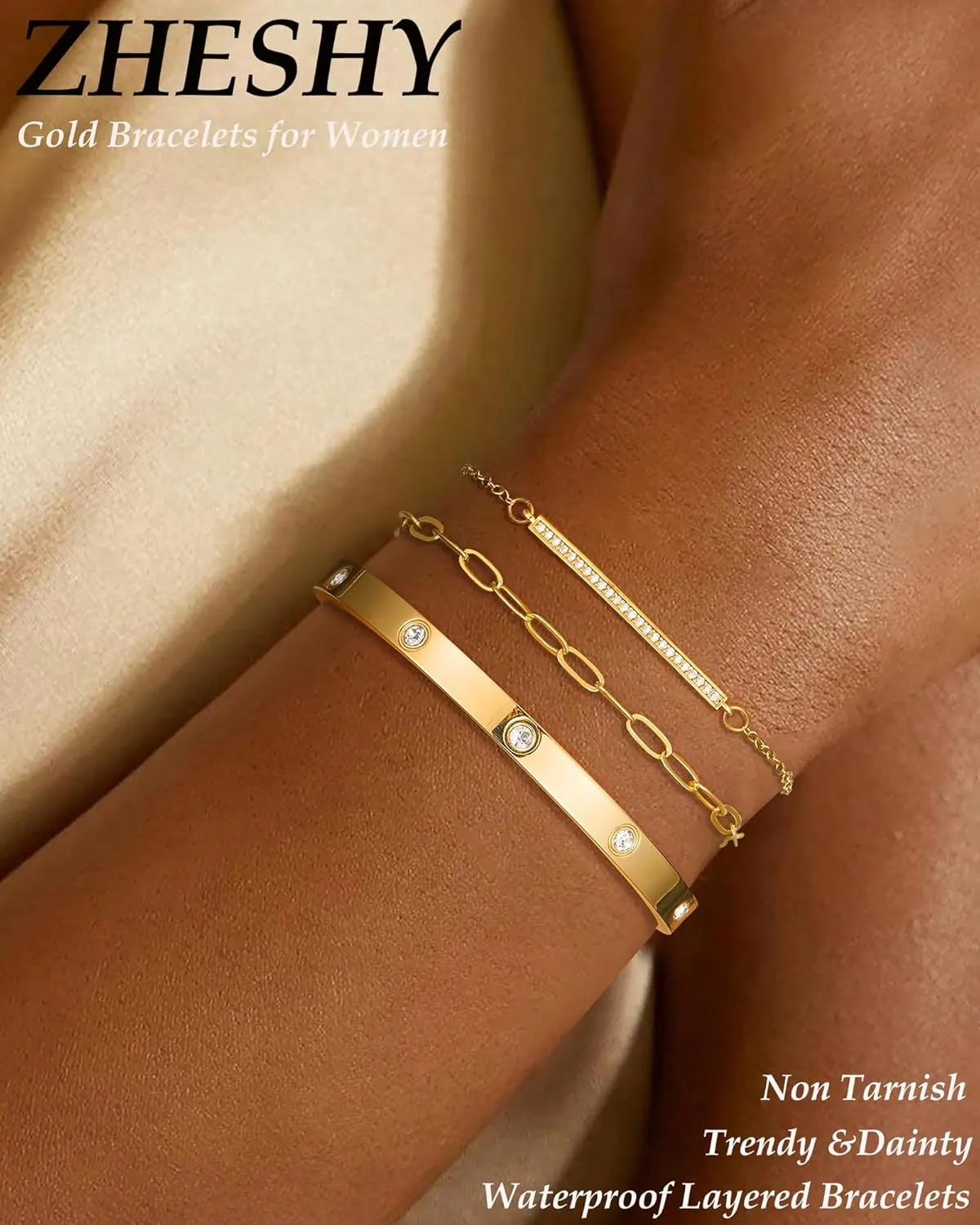Gold Silver Bracelets for Women Trendy Non Tarnish Dainty 14k Gold Plated Bangle Adjustable Cuff Bracelet Stack Stackable Friendship Bracelets Set Tennis Chain Waterproof Jewelry Gifts