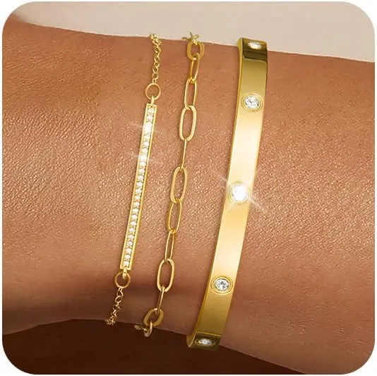 Gold Silver Bracelets for Women Trendy Non Tarnish Dainty 14k Gold Plated Bangle Adjustable Cuff Bracelet Stack Stackable Friendship Bracelets Set Tennis Chain Waterproof Jewelry Gifts