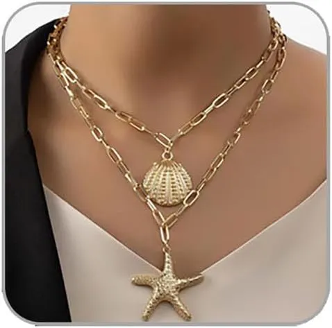 Gold Starfish Necklaces for Women Sea Shell Mermaids Necklaces Mermaid Beach Charm Necklace Mermaids Shell Beaded Choker Necklace Trendy Summer Jewelry