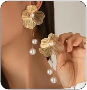Gold Statement Flower Earrings,Chunky Punk Bunch Dangle Ginkgo Biloba Leaf Tassel Earrings Large Metal Drop Ear Bohemian Layered Petal Floral Jewelry for Women